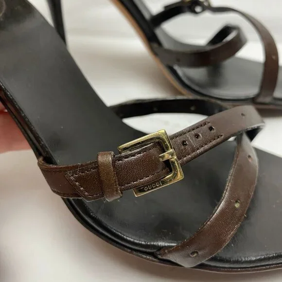 GUCCI Logo Horsebit Equestrian Chocolate Leather /Suede Strappy Heels Size 38 - Picture 6 of 10